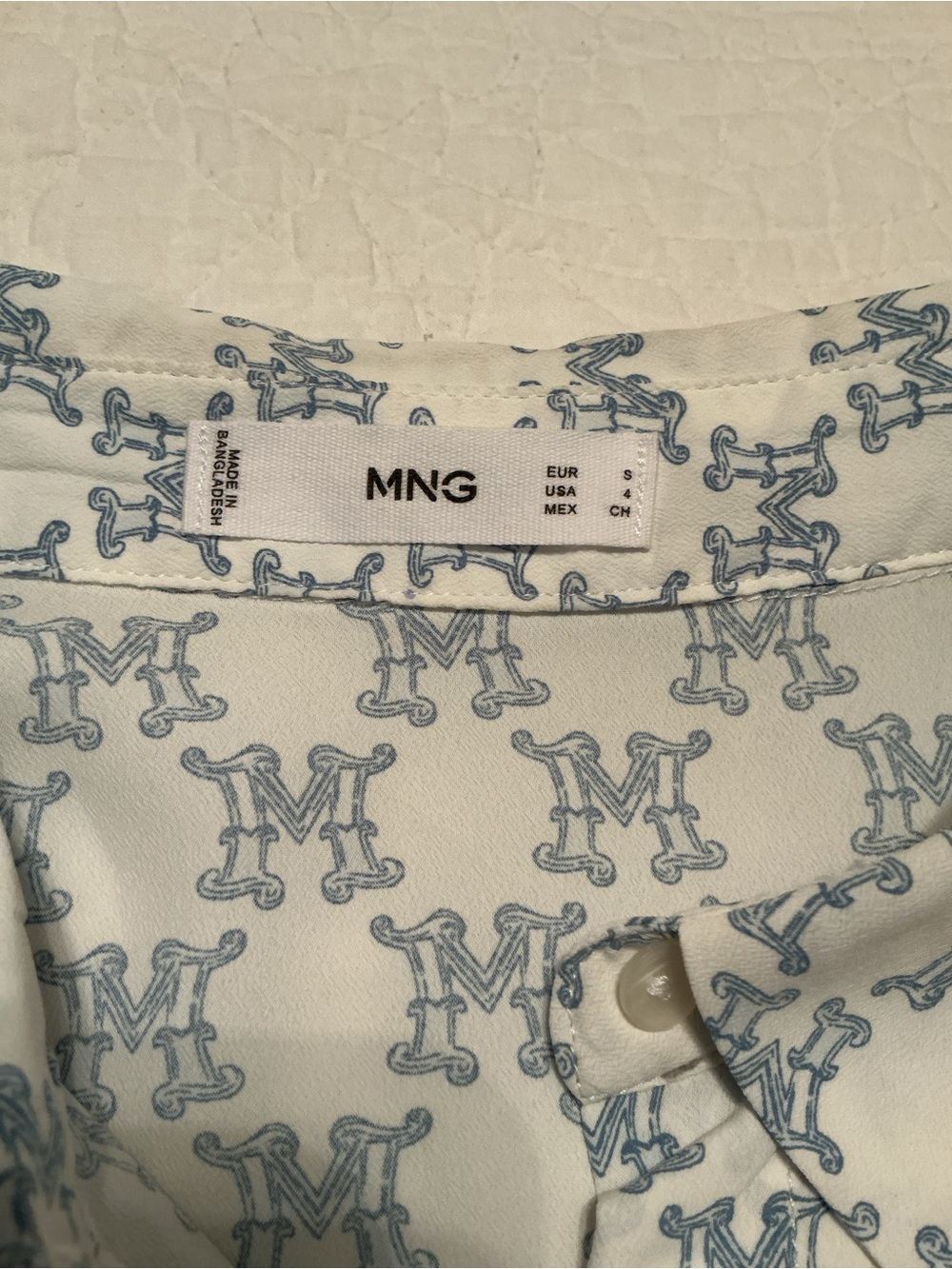 MNG Mango “M” All Over Logo Print Button Down Blouse, 4/Small AOP